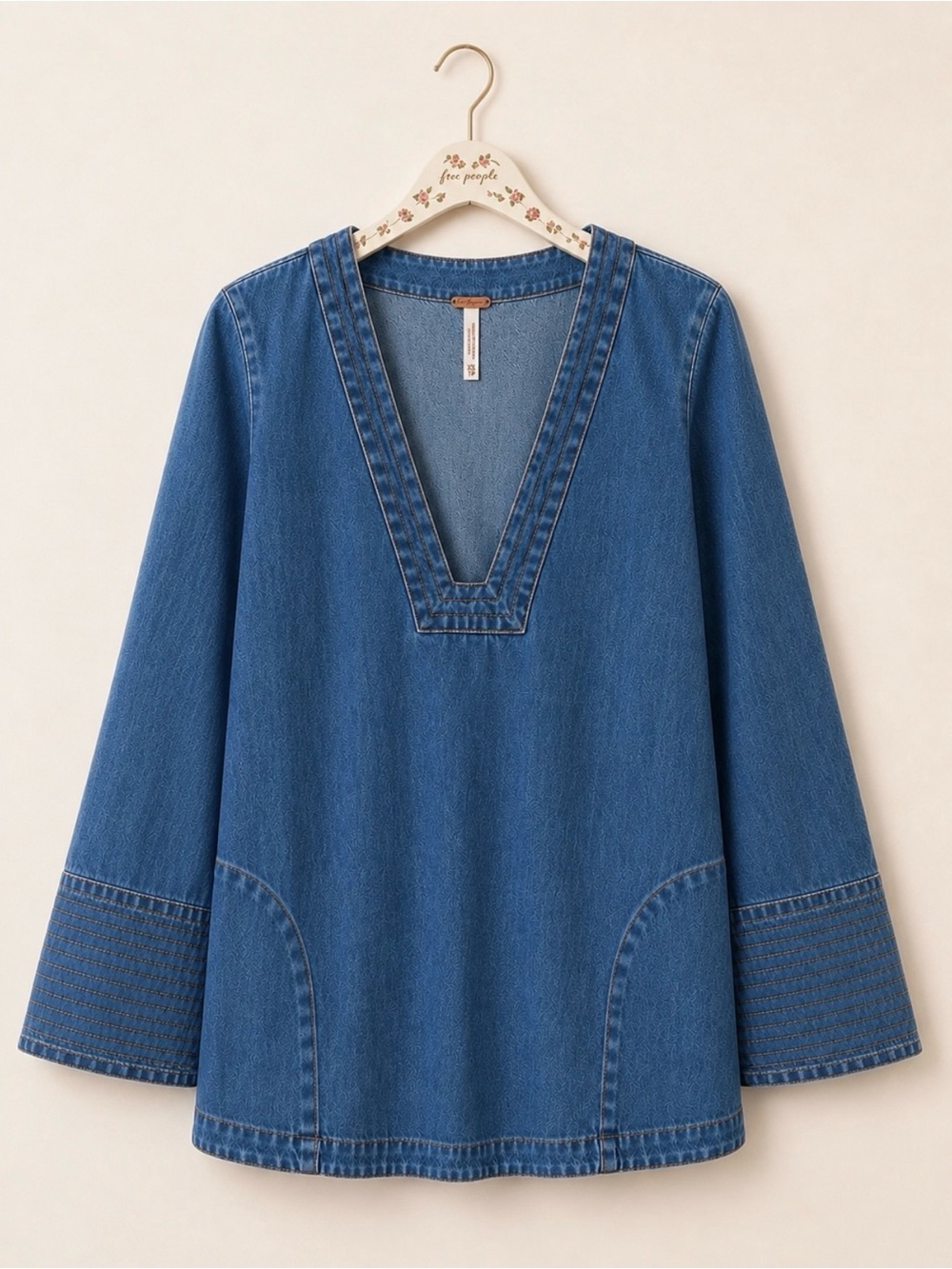Free People Dreaming Of Denim Tunic Top XS Hendrix Blue Bell Sleeve
